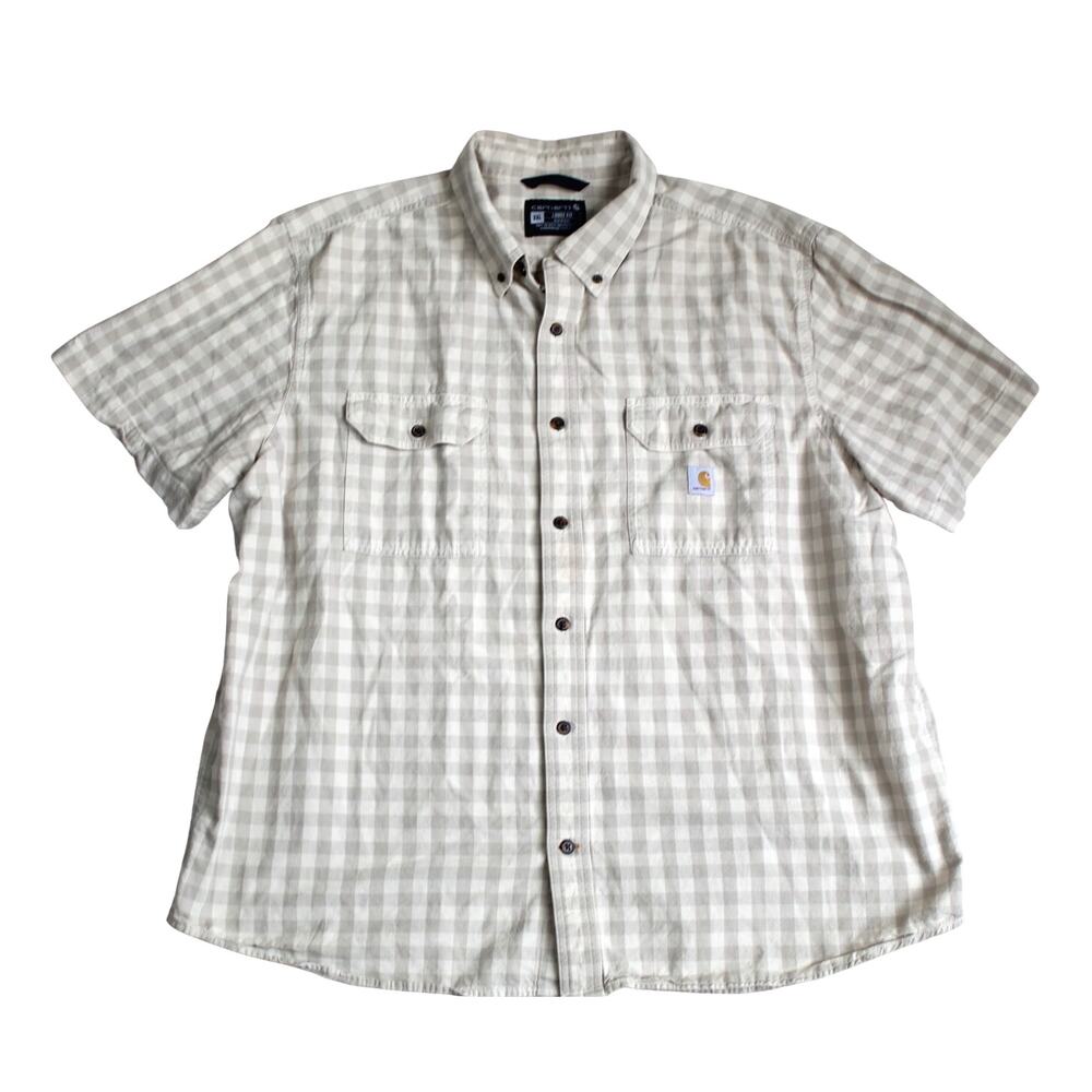 Carhartt Button Up Shirt Mens 2XL Beige Plaid Workwear Short Sleeve Outdoor